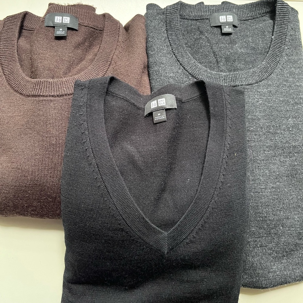 3 Uniqlo Merino Wool Sweaters. All size Medium.